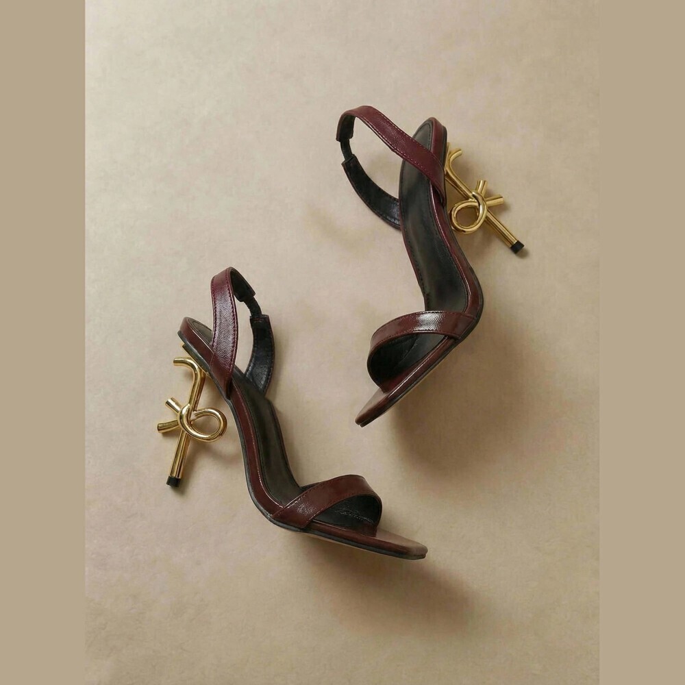 Burgundy/Brown Faux Leather Sculptural Gold Heel Crisscross Sandals